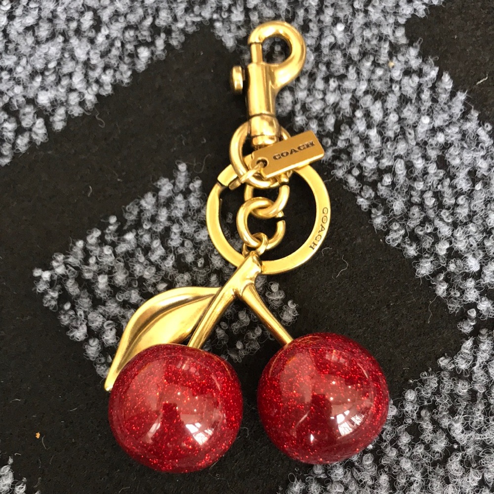 Coach Red Glitter Cherry Charm Keychain with Gold-Tone Hardware